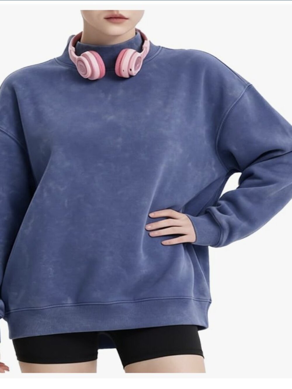 NWT Mock Neck Sweatshirt Acid Wash Fleece Pullover Long Sleeve large navy blue